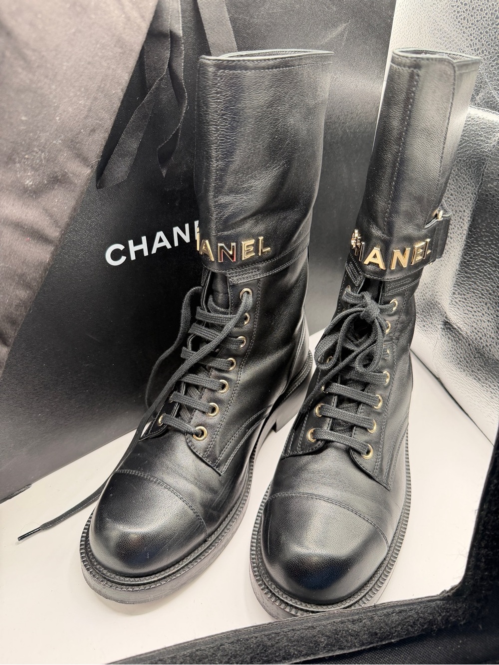 Chanel 22A Black Leather Logo CC Combat Lace Up Tie Military Tall Boots Size 39